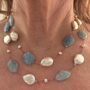 Margo Morrison New York Freshwater Pearl & Aquamarine necklace long or doubled